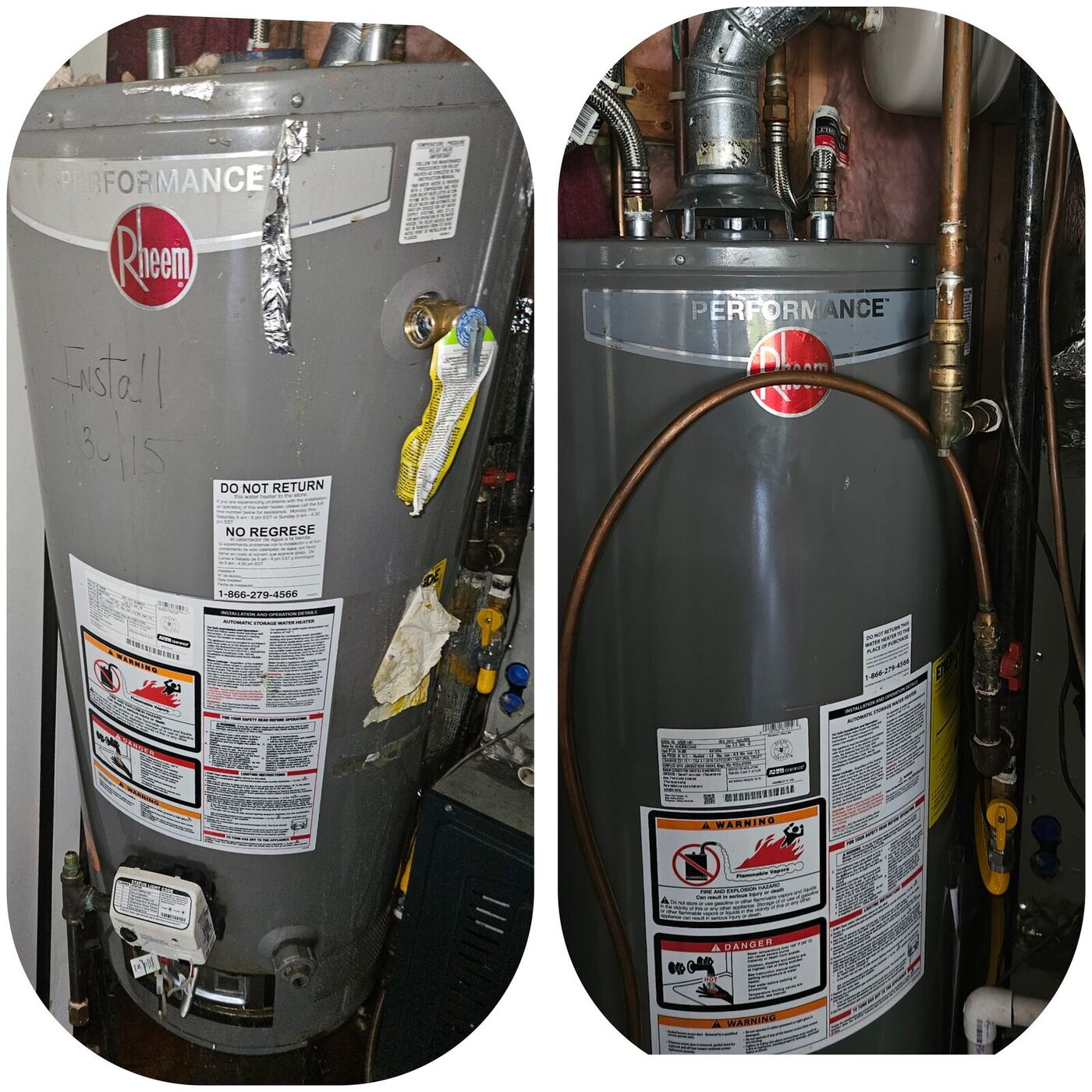 New Rheem water heater installed and connected by Morris Plumbing