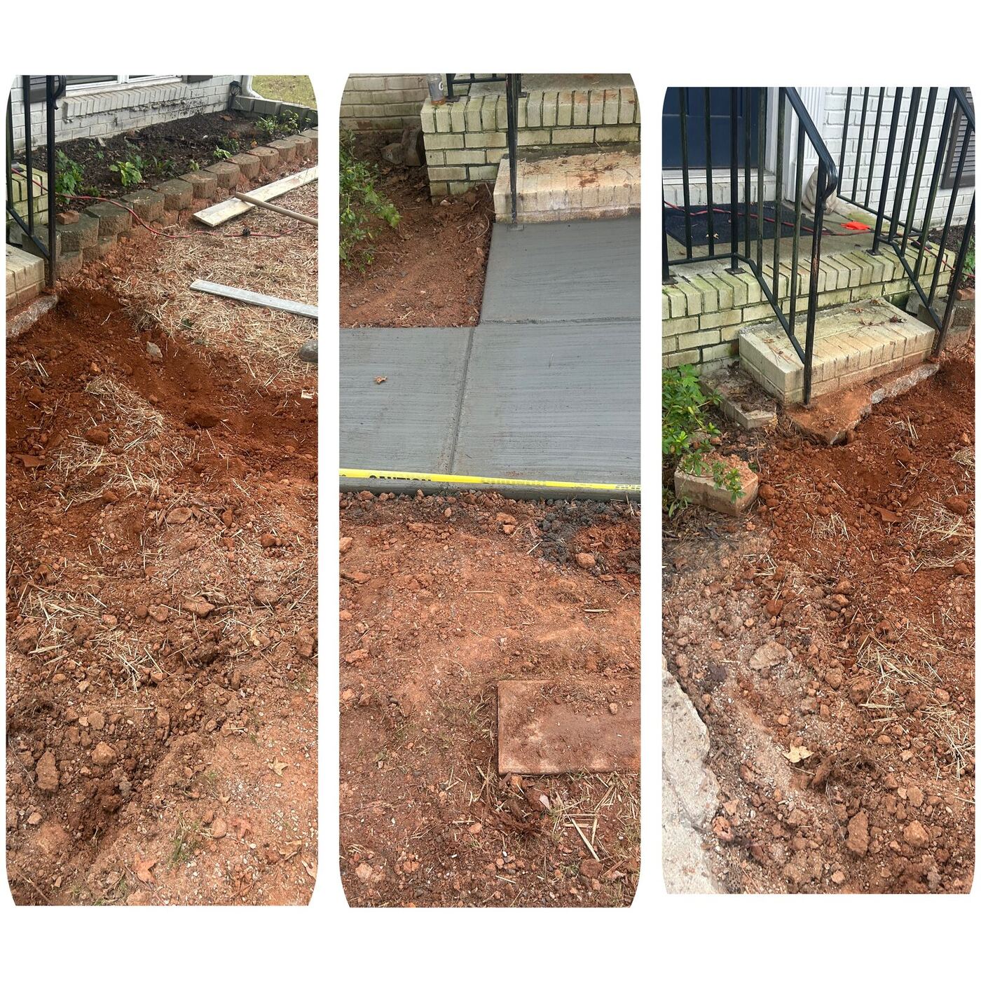 Before and after of a trench dug and restored along a home walkway