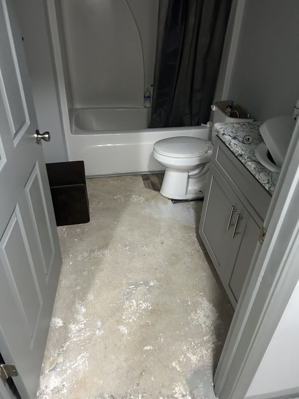 Bathroom floor removed after a toilet supply line leak